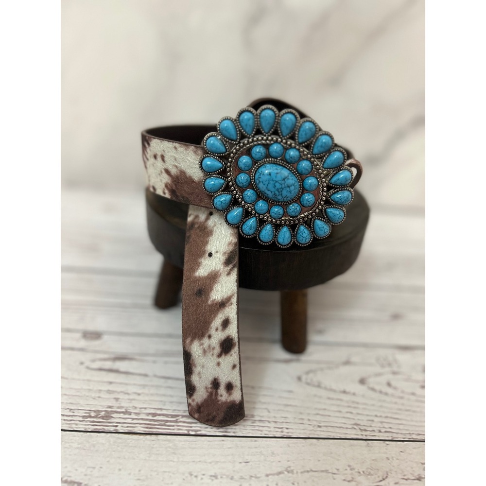 Western Cowhide Print Belt Faux Turquoise Statement Buckle Brown White Boho 41in